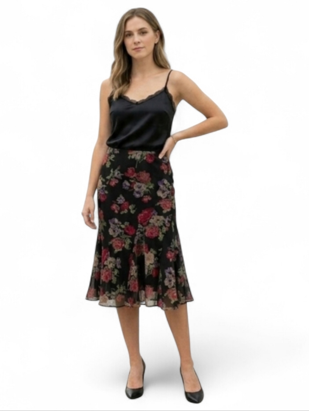 Lauren Ralph Lauren Floral Rose Feminine Chiffon Midi Skirt XL Trumpet Hem